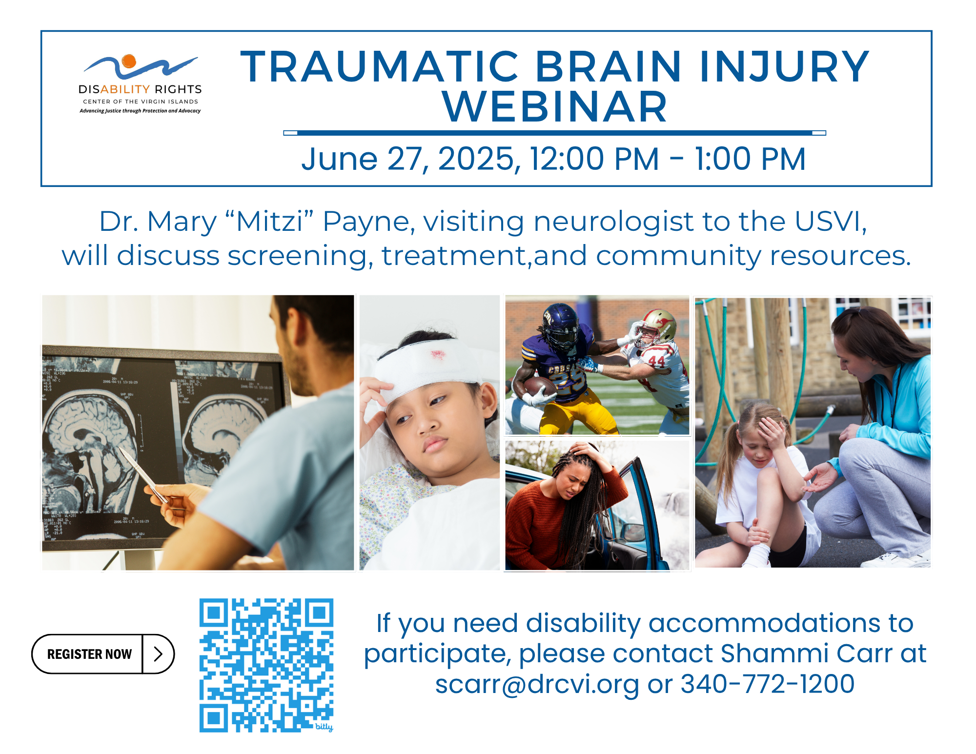 Alt Text Images: Alt Text: Photos: A Computer image of a brain scan with a doctor pointing at the screen; A male child with dark hair laying in a hospital bed wearing a white bandage with blood on it; A scene from a football game where one player has his hand extended toward the other’s head; A woman with braids and a red shirt holds her head while sitting in a car with the door open and smoke coming from the engine; A child sits on the ground with her mother kneeling beside her in a playground. 